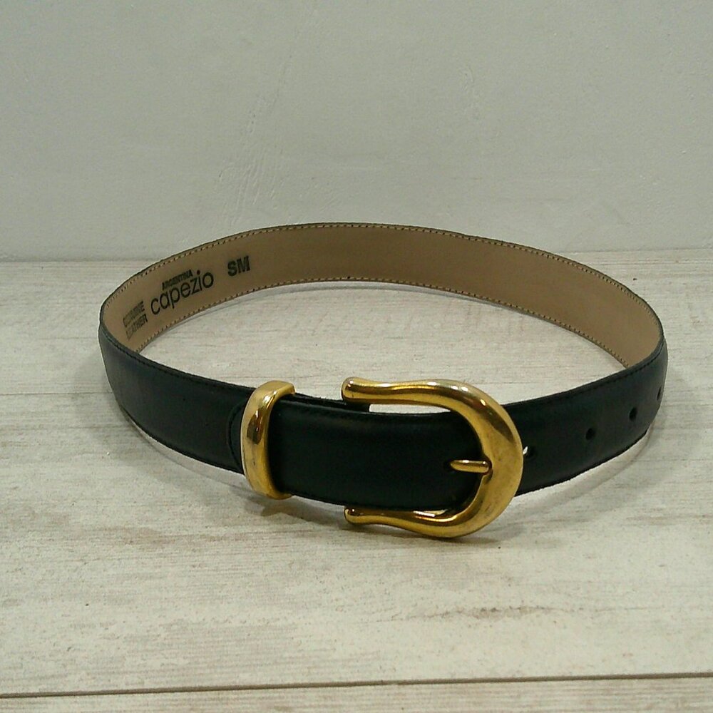 Genuine Leather Argentina Capezio Navy Belt with Shiny Gold Buckle Size SM